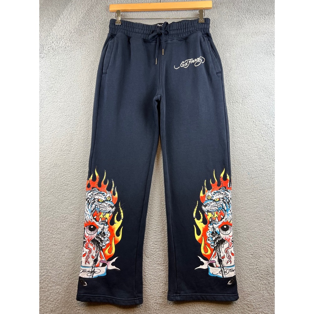 Ed Hardy Mens Tiger Flame Graphic Sweatpants Navy Blue Y2K  Small